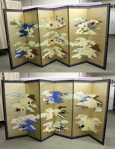 平安人物図 屏風 日本画 六曲一双 木箱入り 全長約314cm 高さ173cm