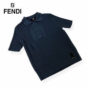 ★極美品★ FENDI フェンディ ロゴエンボス カシミヤ混 ニット セーター 半袖 ネイビー メンズ 44 Sサイズ FZC493 イタリア製 定価9万円