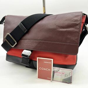 希少色【美品】COACH コーチ ショルダーバッグ クロスボディ スリム レザー 本革 オレンジ ブラウン ロゴ型押し メンズ レディース 高級感