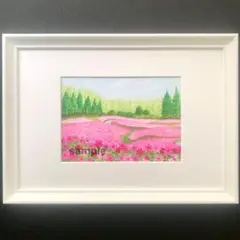 透明水彩画　原画　「花の絨毯」額縁付　２Lサイズ　風景画