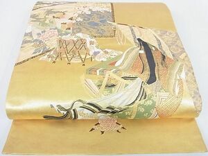 平和屋2■六通太鼓柄袋帯　屏風女人花鳥文　本金箔　逸品　DAAB2809az