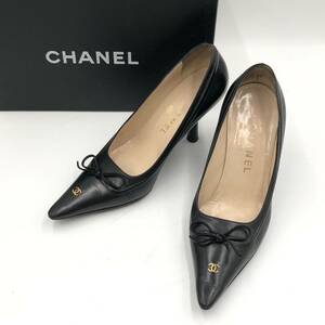 □CHANEL パンプス 黒 35.5(23cm相当) シャネル レディース ココマーク ヒール約8.5㎝ リボン イタリア製 複数落札同梱OK B240405-3