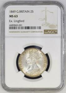 希少年号 1849年 イギリス 英国 ビクトリア 女王 ゴシック ゴッドレス フローリン 2シリング 銀貨 NGC MS63 Ex. Lingford ゴシッククラウン