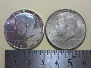 ６、アメリカ　HALF　DOLLAR銀貨　１９６４年　２枚（左プルーフ）　２５，０６ｇ