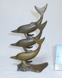 真鍮製 イルカ オブジェ 高さ約22.0cm 置物 フィギュア 3連 金属工芸 ドルフィン