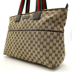 1円【希少・美品】GUCCI グッチ トートバッグ ハンドバッグ シェリーライン GGスプリーム キャンバス レザー ベージュ 大容量 A4可 PC可