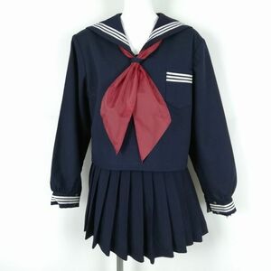 1円 セーラー服 マイクロミニスカート スカーフ 上下3点セット 冬物 白3本線 女子 学生服 中学 高校 紺 制服 中古 ランクC NA1423