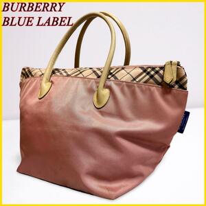 BURBERRY BLUE LABEL バーバリーブルーレーベル トートバッグ ハンドバッグ ノバチェック ピンク A4 ナイロン レザー ヴィンテージ 大容量