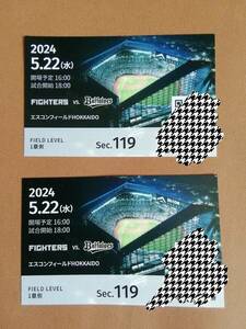 2024/5/22(水) 北海道日本ハムファイターズVSオリックスバファローズ 2枚組　エスコンフィールド 1塁側　FIELD LEVEL 　SEC.119 ペア