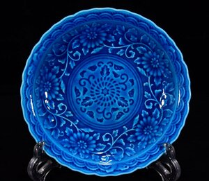 ◆古寳堂◆明 弘治年製款 孔雀藍 花紋 供盤 古陶瓷品 極細工 古置物 古擺件 中国古美術 時代物 古董品