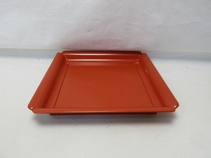 I04395 【 ほぼ未使用 茶道具 若狹盆 木製朱塗 裏黒 干菓子器 箱無 】 検) 茶入盆 花入盆 茶器 四方盆 菓子器 天然木 漆工芸 茶道 ⅱ