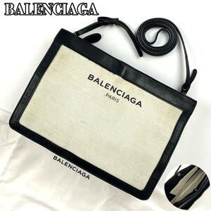 【美品】BALENCIAGA バレンシアガ ショルダーバッグ ネイビーポシェット ロゴ 斜め掛け シルバー金具 レザー キャンバス 黒 白 男女兼用