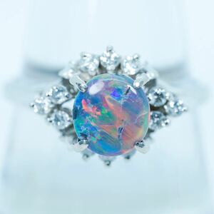 ★1円スタ!希少黒オパール！鑑定付【0.94ct&D0.25ct】PT900 5.8g ♯16 プラチナ 大粒天然ブラックオパールダイヤモンドリング BlackOpal 