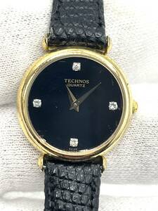 【電池切れ】TEKNOS テクノス クォーツ 腕時計 黒文字盤 ラウンド ラインストーン レザーベルト レディース 231370.51