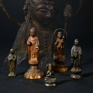 br10424 古銅製仏像置物 立像 座像 観音仏像 彫刻 ミニ 5点セット 