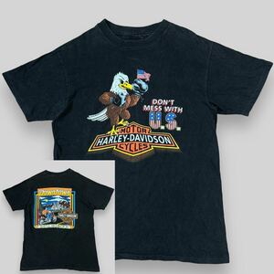 91年 ハーレーダビッドソン Harley-Davidson 両面 プリント 半袖 Tシャツ 黒 L相当 イーグル 鷲 鷹 バイク コピーライト シングルステッチ 