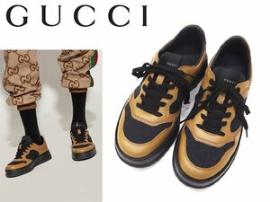 15万新品◆8=27cm◆GUCCI グッチ GGロゴレザー切り替えスニーカー 黒×茶『DOLLAR PIGPRINT』1円