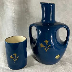 レトロな冠水瓶 たち吉 瑠璃釉金彩小花 水差し揃 ヴィンテージ Vintage ceramic Tachikichi water jug and matching cup 冷水瓶 酒器 青花