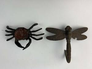 【結】銅製 蟹 カニ 鉄製 蜻蛉 とんぼ 置物 床飾り 銅器 骨董品 古美術 アンティーク