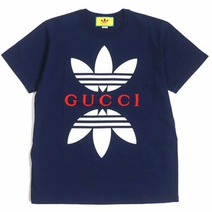 未使用品 GUCCI グッチ adidas 22SS 548334 コットン トレフォイル ロゴプリント 半袖Ｔシャツ ネイビー S イタリア製 正規品 メンズ