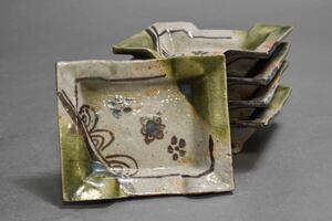 【英】A1183 時代 織部角向付5客 日本美術 織部焼 美濃焼 皿 食器 骨董品 美術品 古美術 時代品