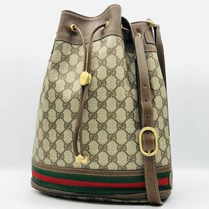 1円～【美品】GUCCI グッチ ショルダーバッグ GGスプリーム シェリーライン ウェブ 巾着 バケツ型 アクセコ インターロッキング スーキー