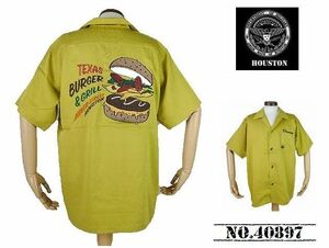 【送料無料 40%OFF】HOUSTON ヒューストン 刺繍ボウリングシャツ (ボーリングシャツ) 「BURGER」柄 NO.40897 MUSTARD_XLサイズ