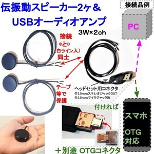 伝振動スピーカー２個＆USBオーディオアンプ 3W×2ch　スマホ対応可　貼替簡単×小型大音量　窓や壁板をスピーカーに　★4鄭11A