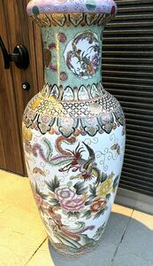 【青】 中国美術 粉彩 花瓶 景徳鎮 孔雀牡丹 古美術 唐草牡丹 高さ約95cm