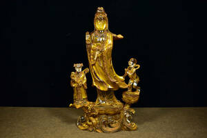 ▽鴻▽ 琉璃製 細密彫 描金 童子拜觀音像 置物 古賞物 中国古玩 中国古美術