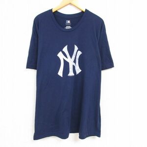 XL/古着 半袖 Tシャツ メンズ MLB ニューヨークヤンキース 大きいサイズ クルーネック 紺 ネイビー メジャーリーグ ベースボール 野球
