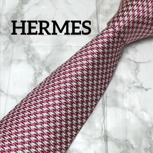 最高級の光沢　未使用品　HERMES エルメス ネクタイ　チェック　ピンク