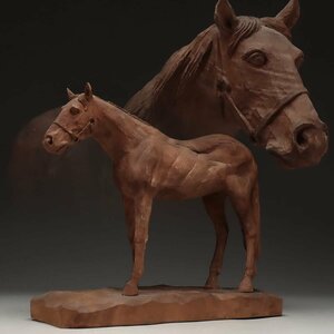 UT803 時代 一刀彫 木彫「静馬」置物 幅36.5cm 重1.2kg・「うま・ウマ・干支午」