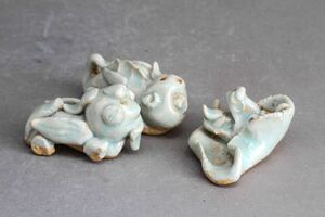 【久】1852 青白磁獣形小物3点　時代品　　唐物　中国美術　