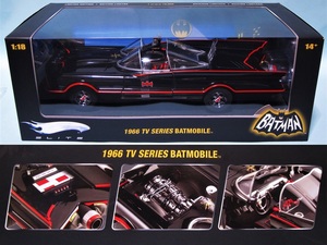 MATTEL 2008 ELITE 1/18 バットモービル 1966 TV SERIES BATMOBILE 艶黒 各部開閉 前輪操舵 ※若干難有り マテル エリート バットマンカー