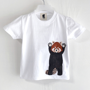 キッズTシャツ 140サイズ 白 レッサーパンダ柄Tシャツ ホワイト ハンドメイド 手描きTシャツ 動物