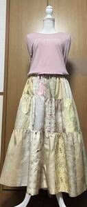 着物リメイク 春色　紬のパッチワークティアードスカート　フリーサイズ