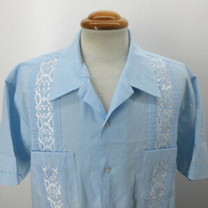 80年代　半袖シャツ　XL ブルー　キューバシャツ　刺繍　大きい　BIG　オールド　アメカジ古着　sy3200