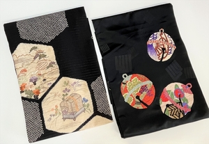 花とら●アンティーク帯　名古屋帯　2本まとめて　絽　黒繻子　刺繍　御所解　秋草　虫かご　鈴　絽刺し　　230903