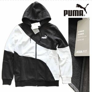 ◎043新品【メンズM】黒白 プーマ スウェット ゴルフにオススメ パーカー アップ ジャージ 裏起毛 PUMA POWER キャット スポーツウェア