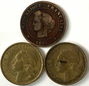 古銭 FRANC フランス コイン 3枚まとめ 1875年 1951年 20FRANCS