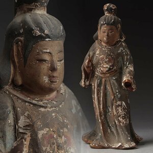 ER948 時代 彩色 木造「菩薩立像」高14cm 重50g・木彫彩色人物像・木雕彩絵菩薩像 仏教美術