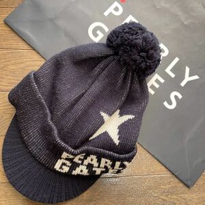 送料無料PEARLY GATESパーリーゲイツBIG2段PG編地WOOL毛混ツバ付ニット帽ワッチ折返し耳スッポリ防寒保温性二重構造unisex Navy/1try中古品