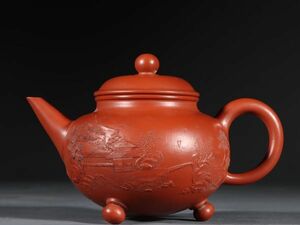 「紫砂彫 泥絵山水三足紫砂茶壺 孟臣銘 清時代」陶磁器 急須 茶道具 古賞物 中国古美術 旧蔵出