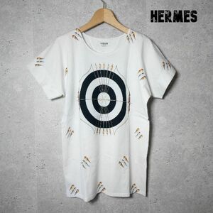 極美品 HERMES エルメス サイズ34 半袖 Tシャツ カットソー 的 羽根 矢 プリント ラウンドネック オフホワイト