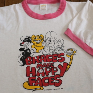 80s USA製 Braces Make Happy Faces リンガー Tシャツ M 歯列矯正 アニマル キャラクター ネズミ ネコ イラスト オールド ヴィンテージ