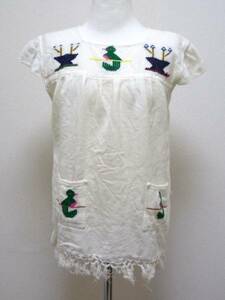 ネイティブ柄　刺繍　フリンジ付　半袖シャツ（短め袖丈）　チュニック　アメリカ古着　レトロ　柔らか素材　小さめサイズ
