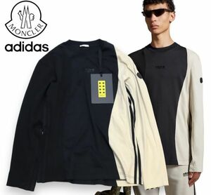 国内正規 未使用 MONCLER×ADIDAS LS T-SHIRT モンクレール ラバーワッペンロゴ×スリーストライプ 長袖Ｔシャツ ブラック ベージュXS S-24