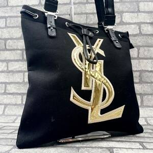 未使用/大容量●イヴ・サンローラン YSL Yves Saint Laurent ハンドバッグ トートバッグ メンズ ビジネス A4 ブラック 黒 ロゴ キャンバス