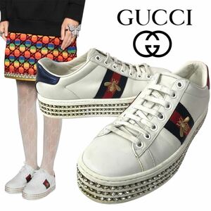 j269 GUCCI グッチ ACE エース ラインストーン 厚底 スニーカー レザー シューズ エンブロイダリー ビー ホワイト 36.5 正規品 505995 